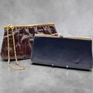 Pair of Evening Clutches w/ gold: Brown Snakeskin & A Deep Navy Vintage Elegance